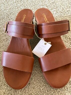 Italian Shoemakers Brown Leather Double-Strap Slide Sandals